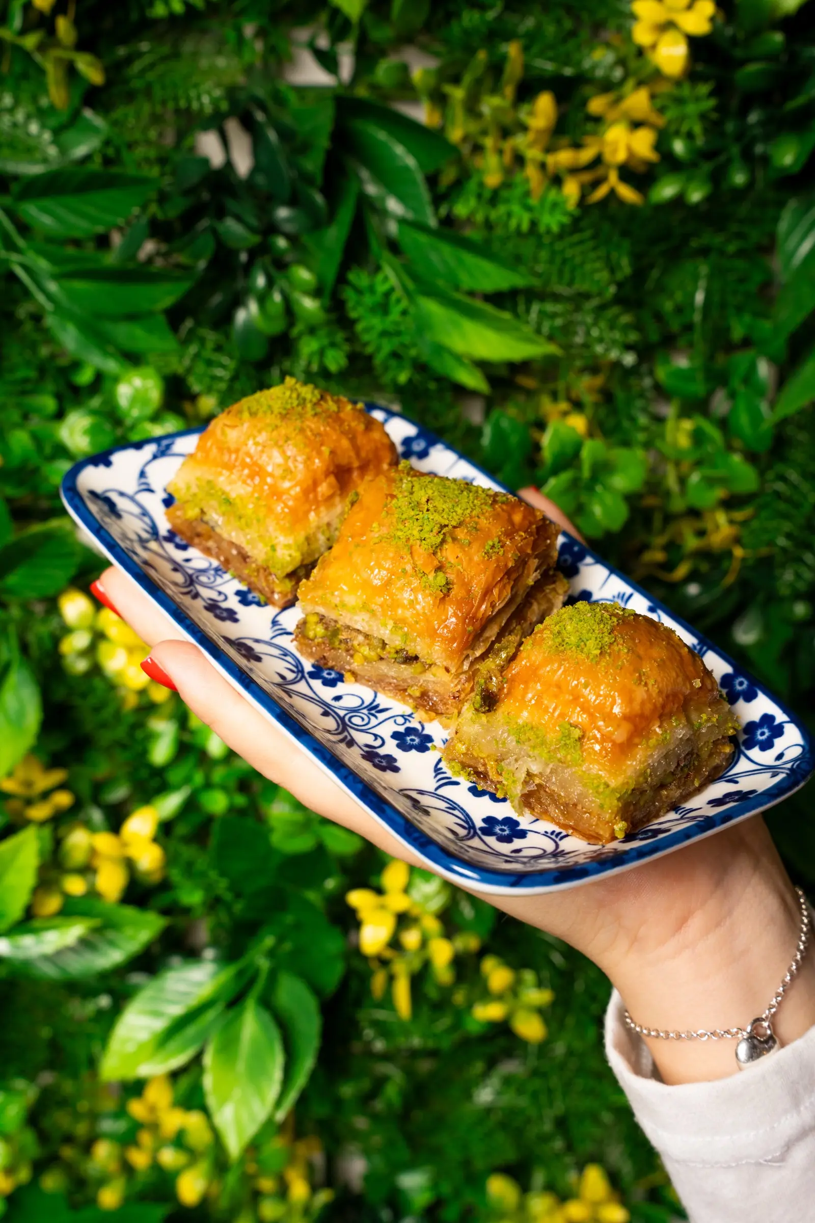 Golden baklava on a blue patterned plate against a lush green foliage wall