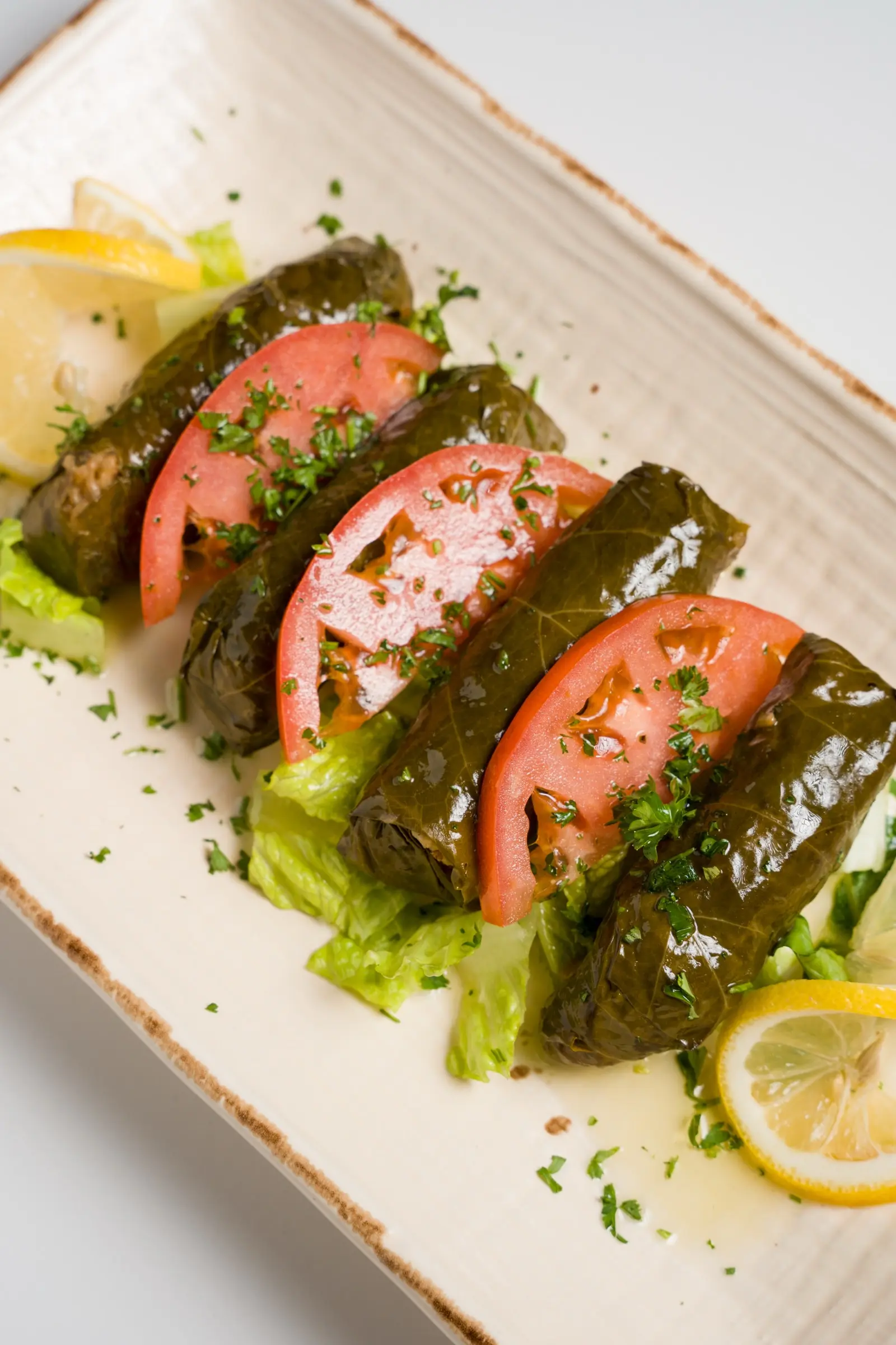 Stuffed grape leaves topped with fresh tomato slices, parsley, and lemon wedges