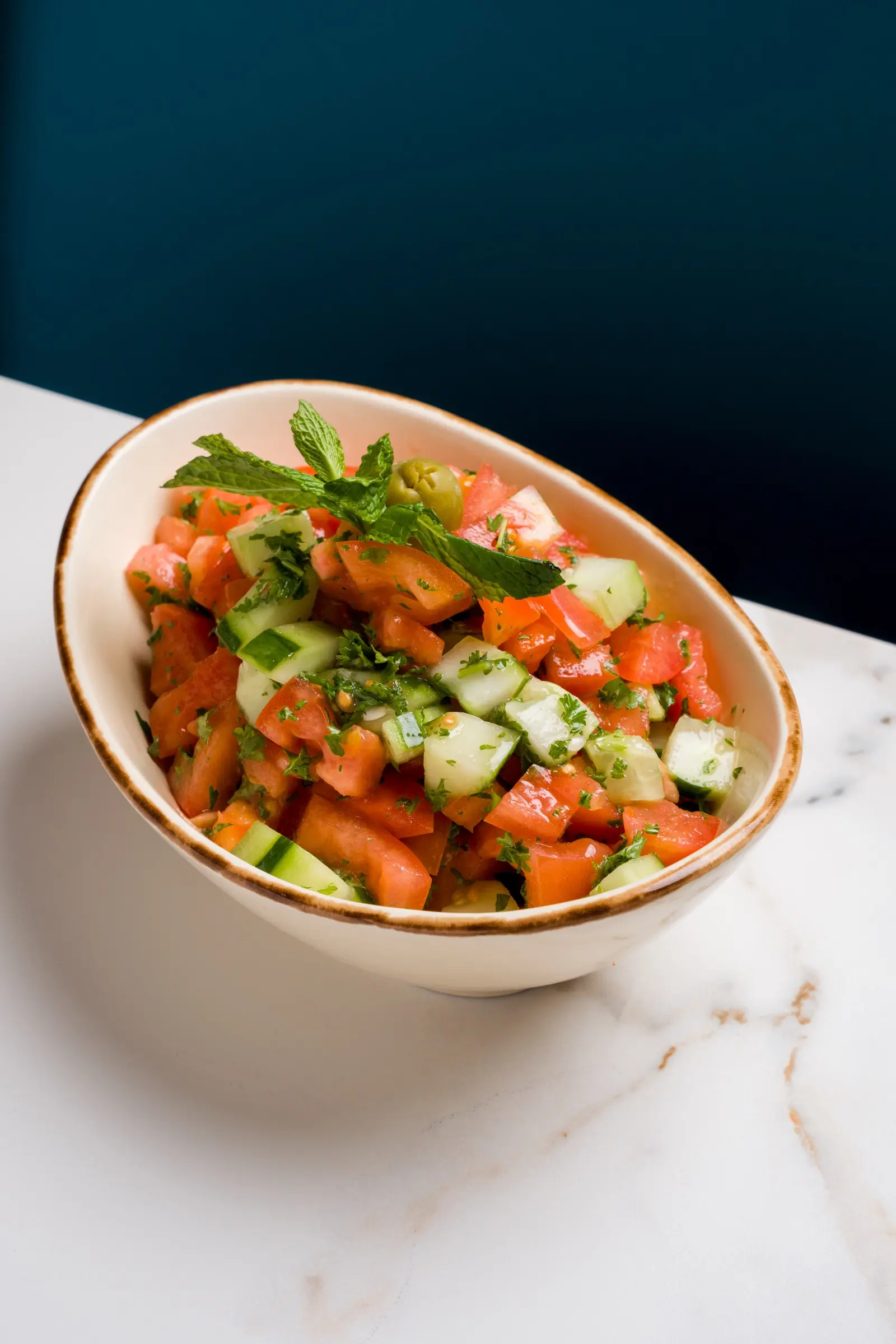 Diced tomatoes, cucumbers, and parsley with mint garnish