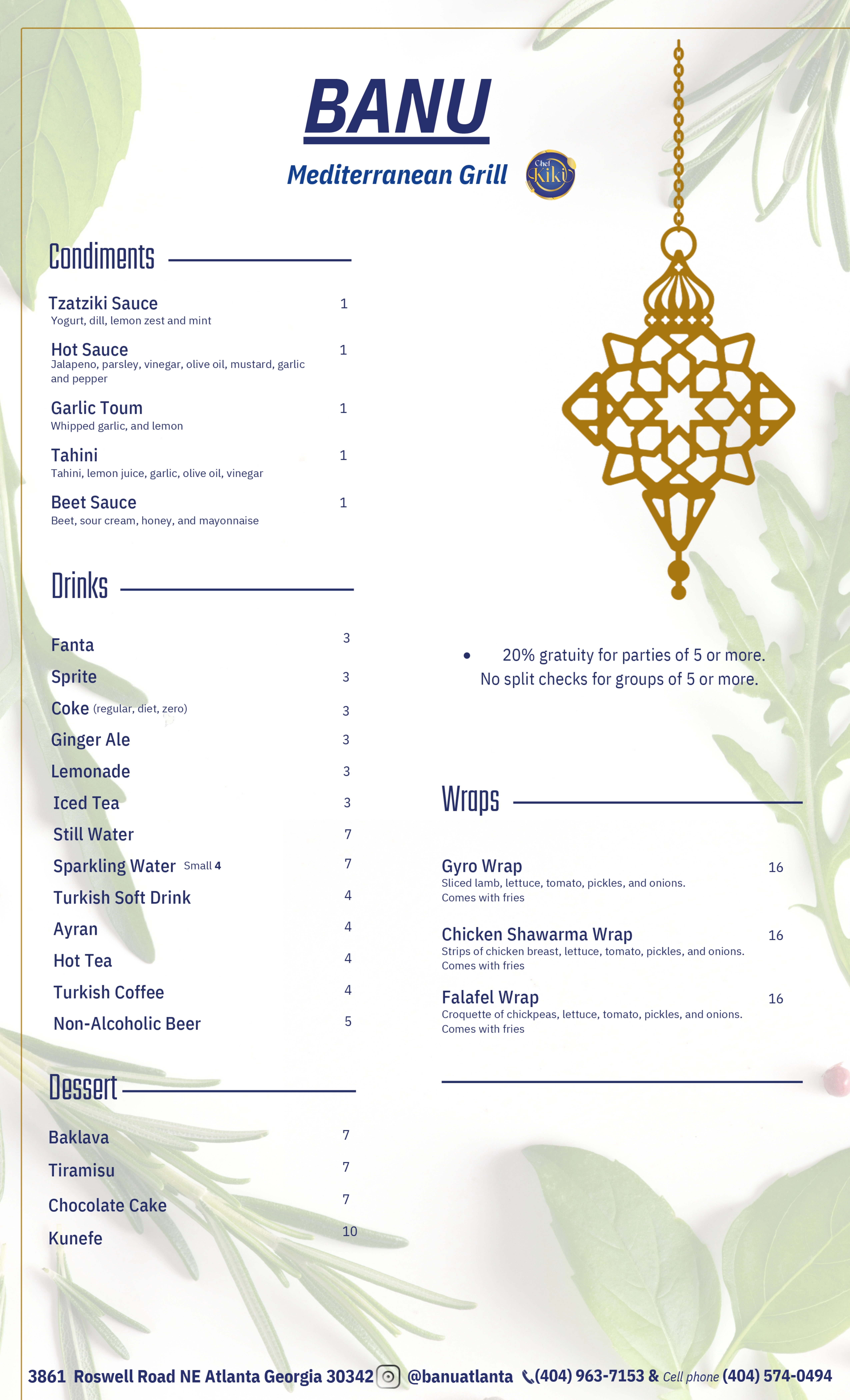 Banu Mediterranean Grill menu — wraps, condiments, drinks, and desserts